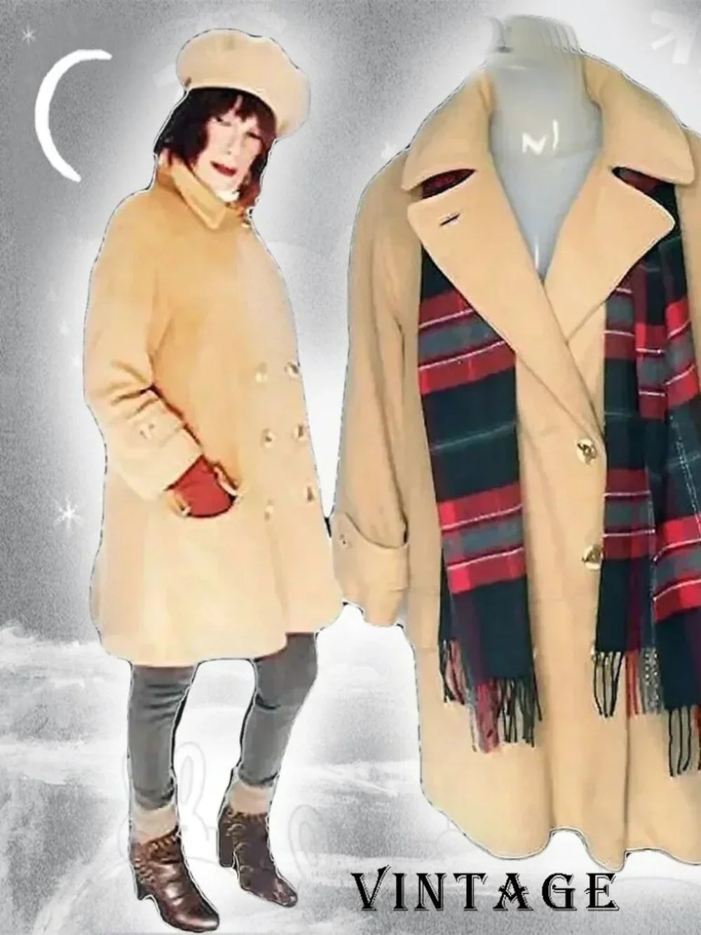 Camel Peacoat Vintage A Line Coat Double Breasted + TARTAN SCARF